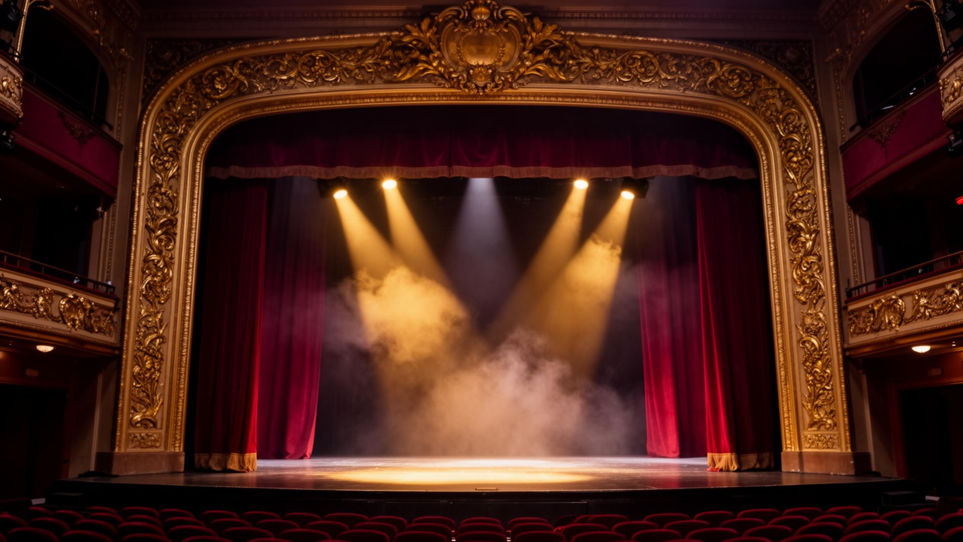 Ornate Broadway stage with red velvet curtains